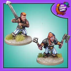 2 metal Minatures by Bad Squiddo Games depicting female dwarf Berserkers, one with a huge two handed sword and the other with a mace and an axe. 