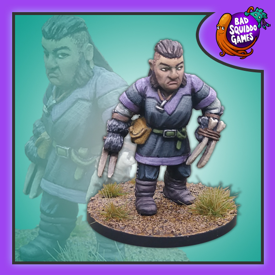 Bad Squiddo Games metal gaming figure.Dwarf Barbarian who has fashioned Wolverine style claws from bone 