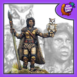 This human druid metal miniature from Bad Squiddo Games holds an owl on one hand and a staff in the other.