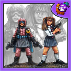 Hope and Grace a set of two Vigilante School Girls by Bad Squiddo sculpted by Mark Evans. With two different looks these school chums will make a great edition to your gaming table, diorama and more. One has a super hero style appearance wearing a mask and cape while the other has her hair in pigtails and is sporting her school uniform complete with long socks and perfectly placed tie, both hold guns in a ready for action pose. 