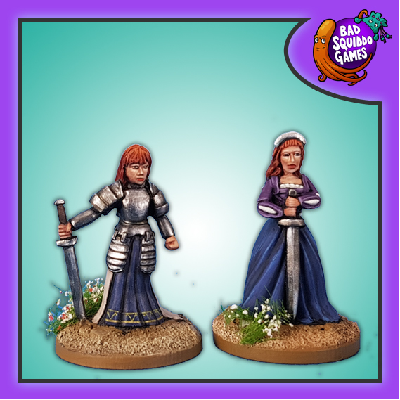 Bad Squiddo Games metal gaming figures, Caterina Sforza  this lady in both combat and non combat dress both holding a sword