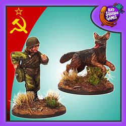 Sapper Team Dzhulbars and Dina is a pack of two metal miniatures depicting the mine sniffer dog and handler from the Women of WW2 range by Bad Squiddo Games