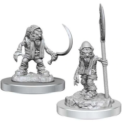 Redcaps unpainted miniatures by Wizkids as part of their Wave 16 Nolzur's Marvelous Miniatures range for Dungeons and Dragons. A miniature representing the small chaotic evil creatures with one carrying a sickle and the other a larger bladed weapon. 