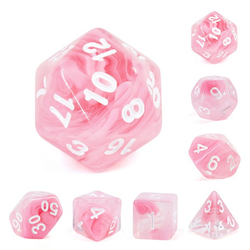 Elemental Rose Pink RPG Dice. Elemental two-tone dice in a cloudy swirling gentle pink with easy to read white numbers