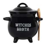 witches broth cauldron shaped soup bowl with a spoon designed to look like a witches broom