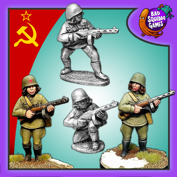 Soviet Female Infantry With Sub Machine Guns is a pack of four metal miniatures for your wargaming table from the Women of WW2 range by Bad Squiddo Games. 