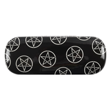 A black spectacle case with white all over pentagram design