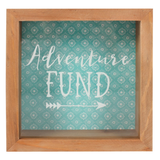 box frame Adventure Fund money box. Wooden box with clear front and Adventure Fund written in white 