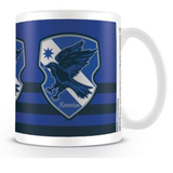 A white mug with the Ravenclaw black and blue colours in stripes and the house crest in three places running around the mug. Harry potter Ravenclaw crest and stripe mug