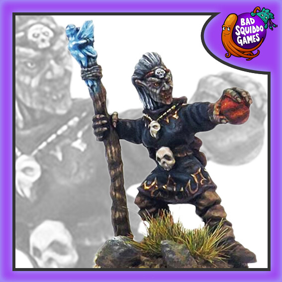 Bloom Orc Mage by Bad Squiddo sculpted by Phil Hynes. This female orc mage is ready for action holding a staff in one hand and an orb in the other in front of her