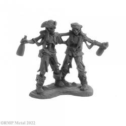 Drunken Skeletons from the Dark Heaven Legends metal range by Reaper Miniatures sculpted by Bob Ridolfi. Two skeleton crew mates with a bottle each in hand and holding each other