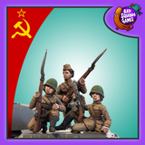 Female Soviet Tank Riders by Bad Squiddo Games, three metal gaming miniatures shown painted holding their weapons, two sitting and one standing. The picture has a purple boarder, red soviet flag and bad squiddo games logo.