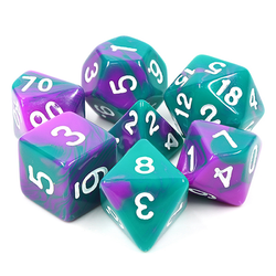 Elemental Joker Teal Purple RPFG D20 dice set.Elemental two-tone dice in a fabulous teal and purple with easy to read white numbers