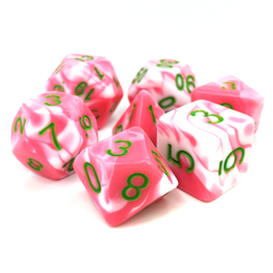 Elemental Pink and White D20 dice set. Elemental two-tone dice in bright pink and white with green numbers 