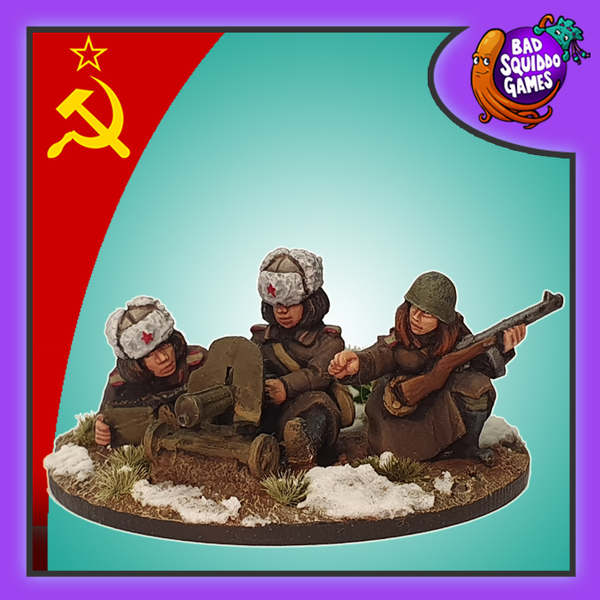 Soviet Winter Maxim HMG & Team is a pack of three metal miniature depicting female soviet heavy machine gun operators in winter attire from the women of world war 2 range by Bad Squiddo Games