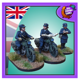 Bad squiddo gaming miniatures, this image has a purple boarder, the united kingdom flag in the top left and the bad squiddo logo in the top right. A pack of resin miniatures depicting female despatch riders taking important messages during WW2