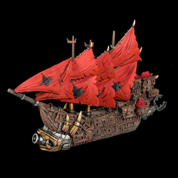 A huge Orc vessel captained by the highest ranking Krudger with a simple battle plan of chopping up the largest enemy ship they can find with goblin powered saws and machinery. A great edition to your Orc naval fleet. 