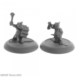 A pack of 2 Ratpelt Kobolds from the Dark Heaven Legends metal range by Reaper Miniatures sculpted by Bobby Jackson. Two kobolds one with a weapon raised high and holding a crude shield and the other with a slingshot