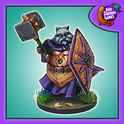 David the Cat Cleric - CAF001 by Bad Squiddo Games. the image shows a painted  miniature of a cat dressed in armour holding a shield and a hammer   