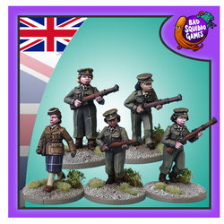 Bad squiddo gaming miniatures, this image has a purple boarder, the united kingdom flag in the top left and the bad squiddo logo in the top right. 4 females in standard auxiliary territorial service gear shown in training with rifles and one officer