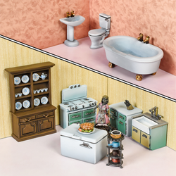 Bathroom & Kitchen Terrain Crate scenery for your tabletop games including bath, toilet and sink at the top picture and freezer, cooker, sink and pot rack in the bottom picture