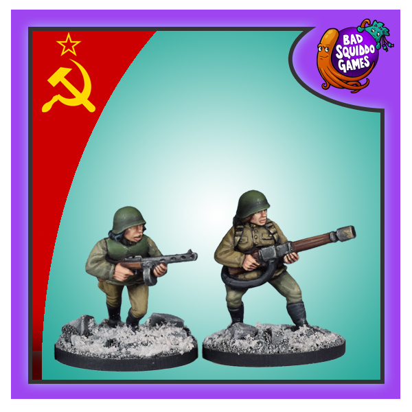Female Soviet flamethrower team from bad squiddo games. This image has the soviet flag in one corner and the bad squido logo. Female Soviet flamethrower armed with a portable ROKS 3, more discreet backpack and body armour together with her assistant wearing body armour and carrying a submachine gun both in a ready to fight standing stance