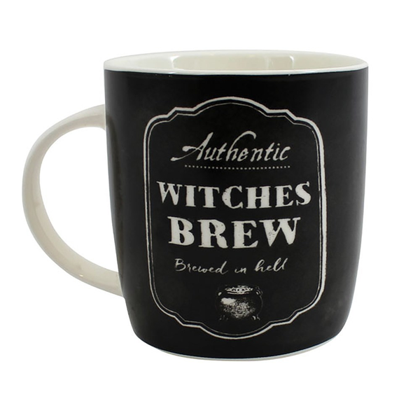 Witches Brew Mug. a black mug with white handle and white inside