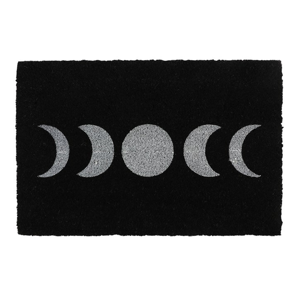 Black doormat with white printed moon phase design