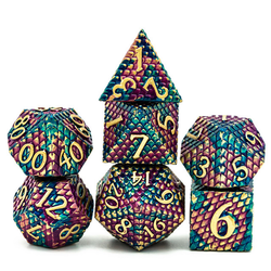 Dragon Scale Golden Purple Blue Metal Dice. These nice and weighty metal dice have a raised dragon scale pattern all over them in a  blue green, purple and gold colour with gold numbers.