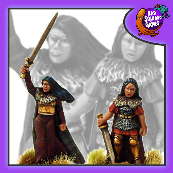 Metal gaming miniatures- bad squiddo games. These miniatures depict Cartimandua in Celtic and Roman attire for your gaming table.