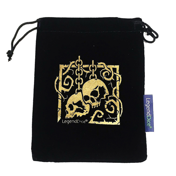 A black suede dice bag with gold skull, chains and vine motif on the front