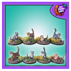 Skoggskattar cat miniatures from Bad Squiddo Games. the image shows 8 painted cat miniatures