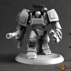 IMEF Bulldog from the Chronoscope metal range by Reaper Miniatures sculpted by Bobby Jackson. This excellent sci fi miniature can be used in many ways on your gaming table and represents a human in power armour. 