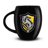 black mug has the house crest for Hufflepuff on one side and the school tie colours on the other. Harry potter Hufflepuff mug