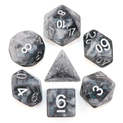 Coral Reef Snowy Crystal RPG dice. silver numbers these dice encase swirls of white, grey and black together with coloured sparkle. D20