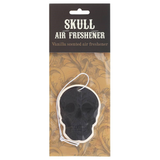 A hanging vanilla scented air freshener in the shape off and with a skull design