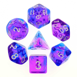 Elemental two-tone dice in a gem semi translucent purple and blue with white easy to read numbers. Elemental Indigo Sea Blue Purple Gem RPG Dice set 