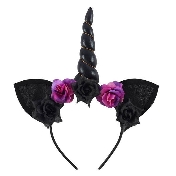 dark unicorn headband, black ears with glitter, black horn with gold embellishment and black and purple flowers.