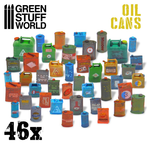 Resin oil cans by Green Stuff World in various styles which could be used to represent gas cannisters or fuel cans