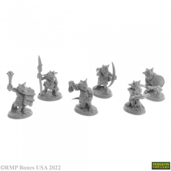 A pack of 6 Ratpelt Kobold Warriors from the Bones USA Dungeons Dwellers range by Reaper Miniatures. This pack contains six plastic Kobolds in various poses holding various weapons including sling, bow and spears