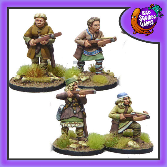 Shieldmaiden Crossbows from Bad Squiddo Games, metal gaming miniatures, three standing and one kneeling