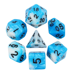 Elemental  cyan white RPG dice. Elemental two-tone dice in swirling pattern of ice blue and white with black numbers 