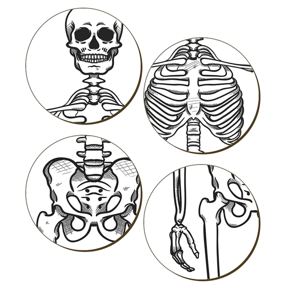 Set of four round coasters featuring a different skeletal body part on each in black and grey on a cream coloured background
