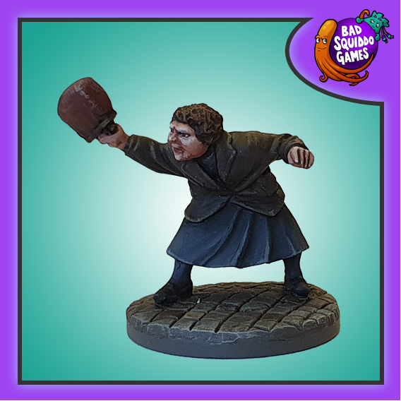 Bad Squiddo Games. This metal gaming miniature depicts the famous Woman with the handbag who was photographed walloping a neo nazi around the head in Sweden 