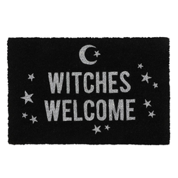 black coir (coconut fibre) doormat printed with the text 'Witches Welcome', stars and crescent moon in white
