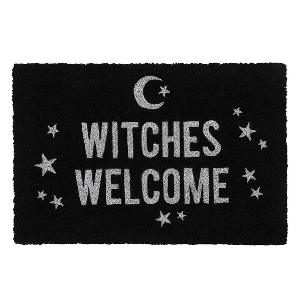 black coir (coconut fibre) doormat printed with the text 'Witches Welcome', stars and crescent moon in white