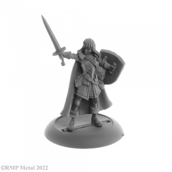 Caerindra Thistlemoor from the Dark Heaven Legends metal range by Reaper Miniatures sculpted by Bobby Jackson. A female fighter holding a sword up high, panelled shield and wearing a cape with the hood down,