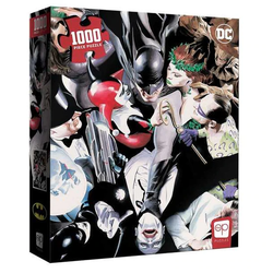 Batman Tango With Evil 1000 Piece Jigsaw Puzzle. This puzzle shows Batman holding the Joker while surrounded by various other bad guys trying to distract him from his mission