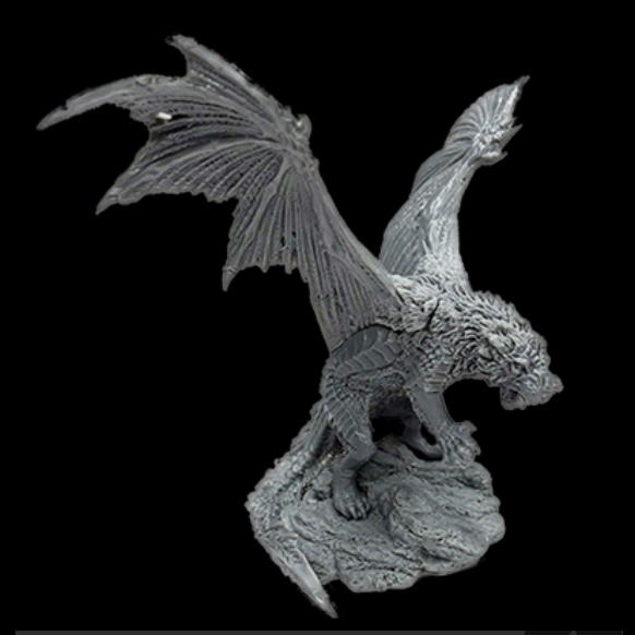 Reaper Miniatures Bones 5 gaming figure. A drgaon lion. wings outstretched and both fur and scales on its body and a fur and scale tail curving round the base.