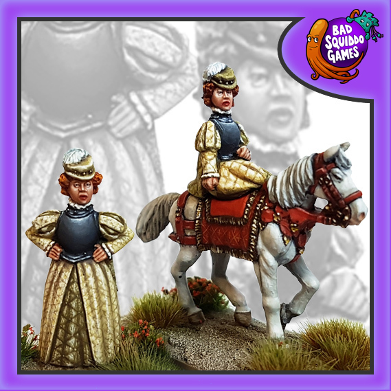 Bad Squiddo gaming miniature. metal miniature of the Queen in a standing position with her hands on her hips and also mounted on her horse. 